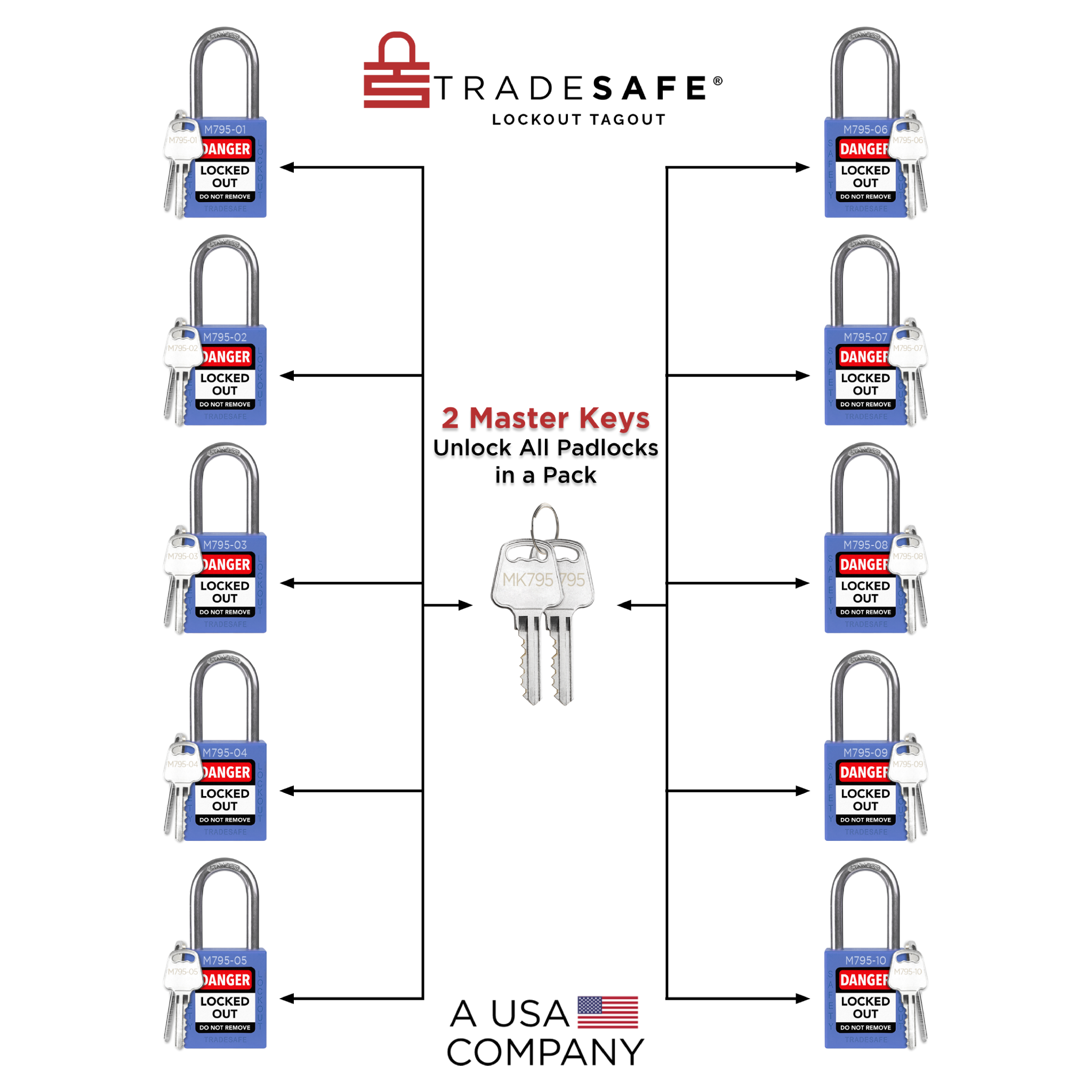 10 Blue Master Keyed Lockout Locks - Keyed Different - 2 keys | TRADESAFE