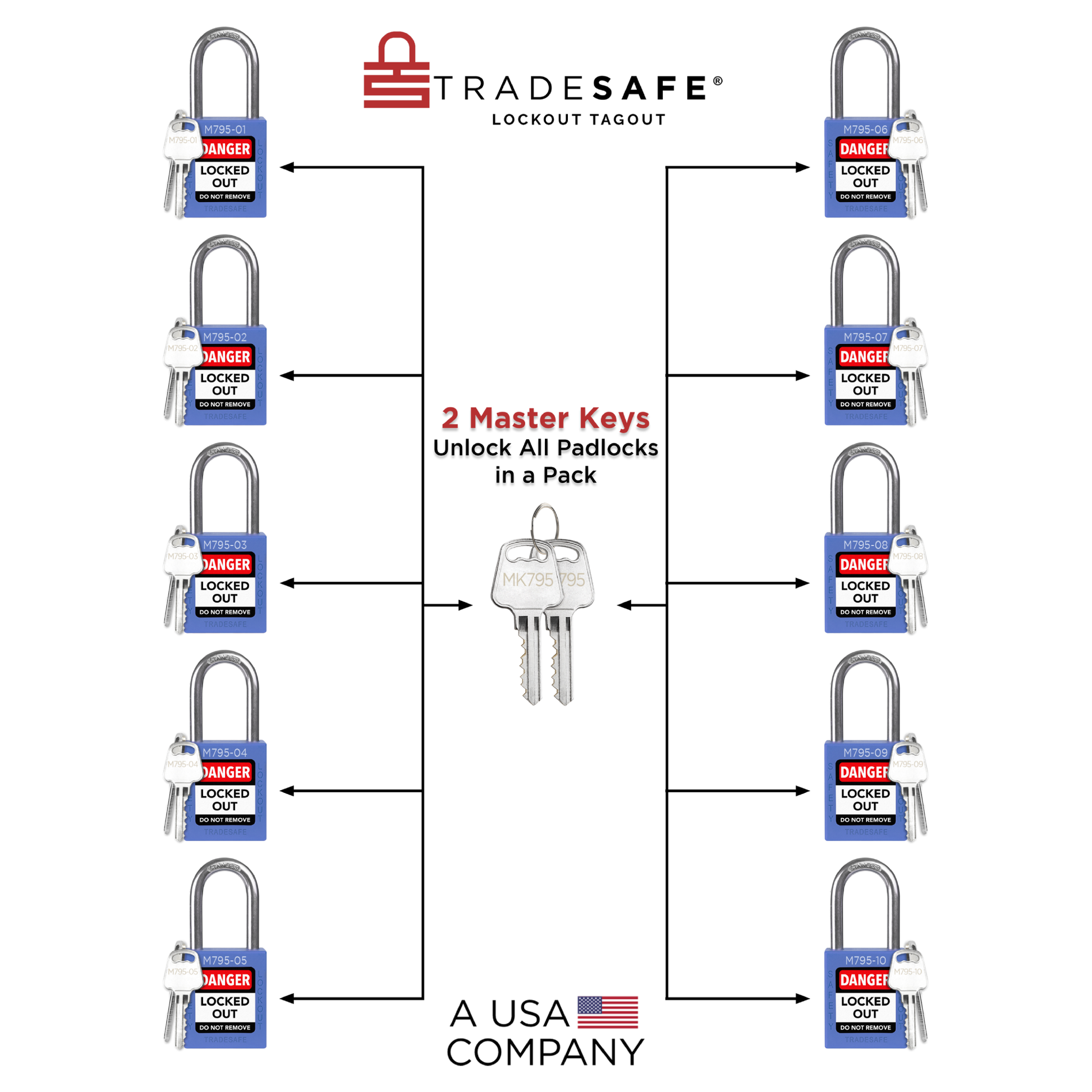 illustration of 10-pack blue loto keyed different padlock with text 2 master keys unlock all padlocks in a pack