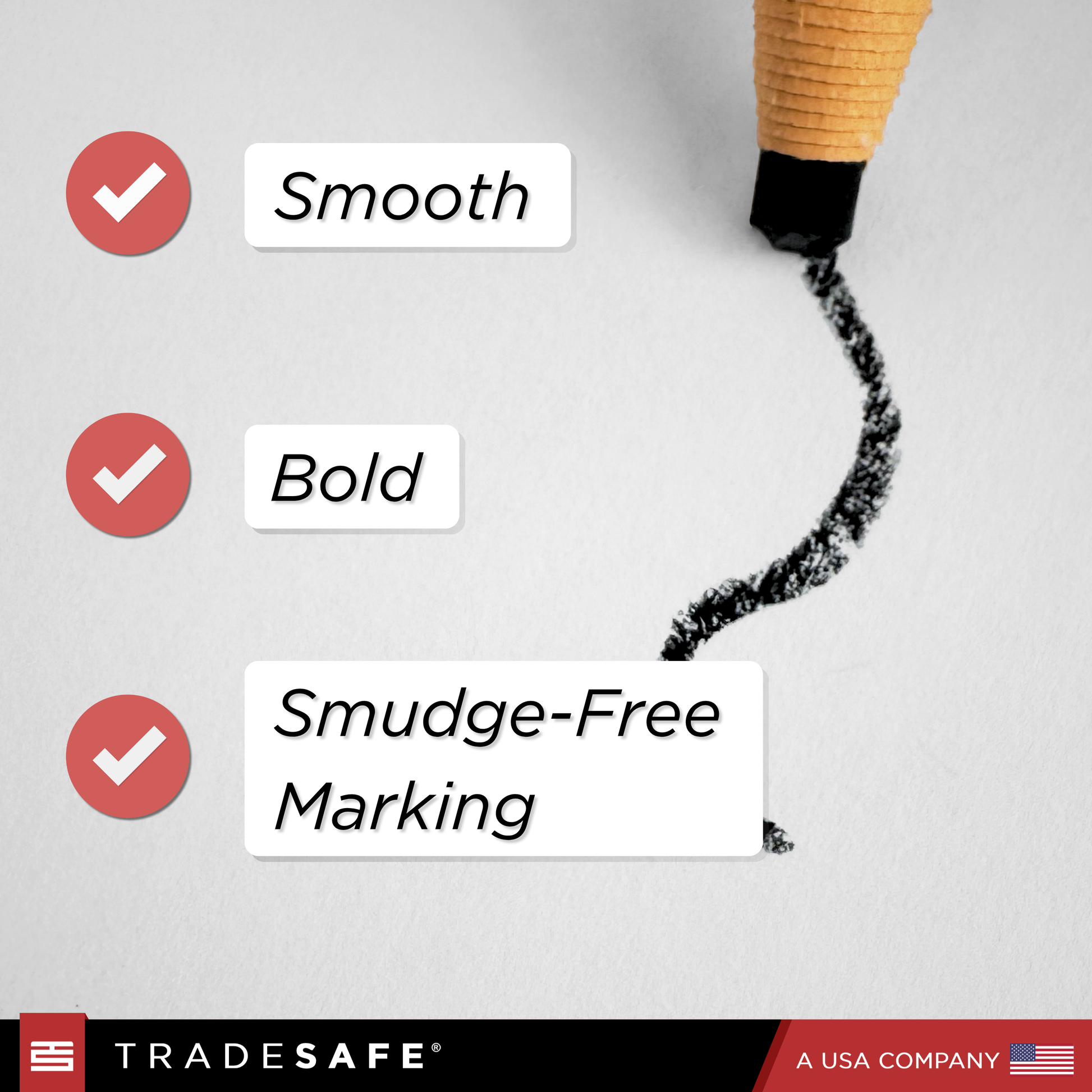 Chalk marking on a white surface with 'Smooth', 'Bold', and 'Smudge-Free