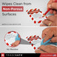 wipes to clean from non-porous surfaces, with a close-up of hands using the product.