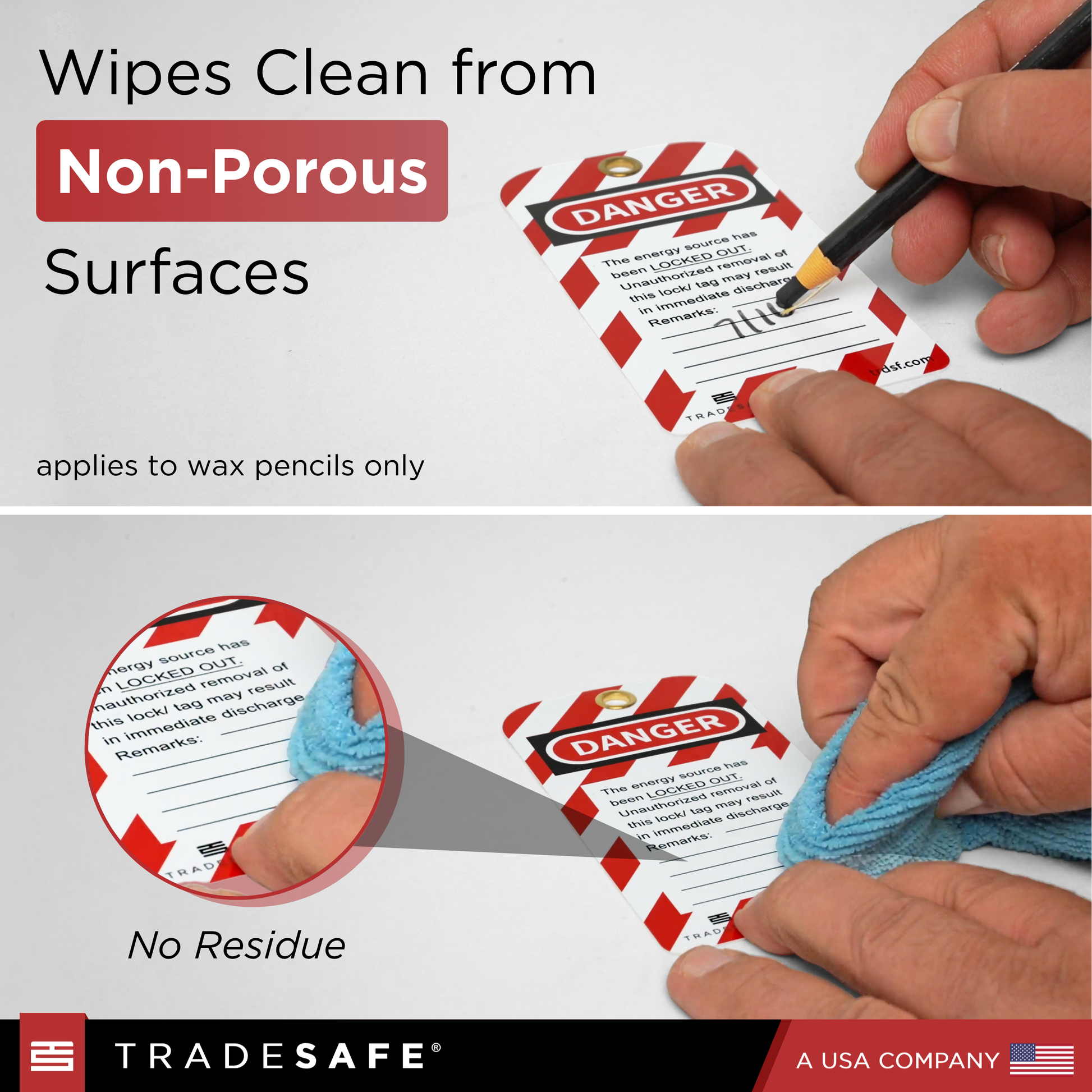 Red pencil for cleaning labels from non-porous surfaces with a warning label