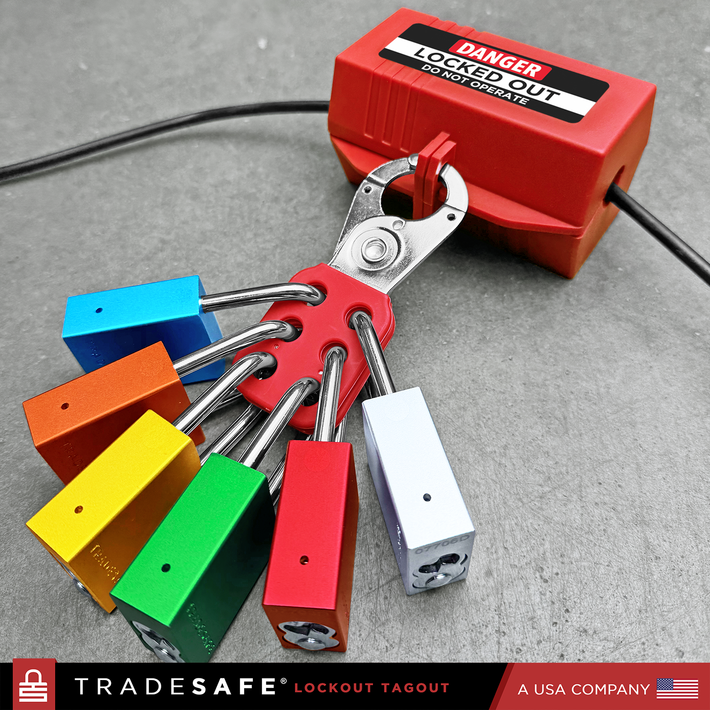 lock out tag out padlocks attached to a hasp and plug lock