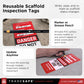Reusable scaffold inspection tags explaining how to write, wipe, and re-mark the tags in a real construction setting