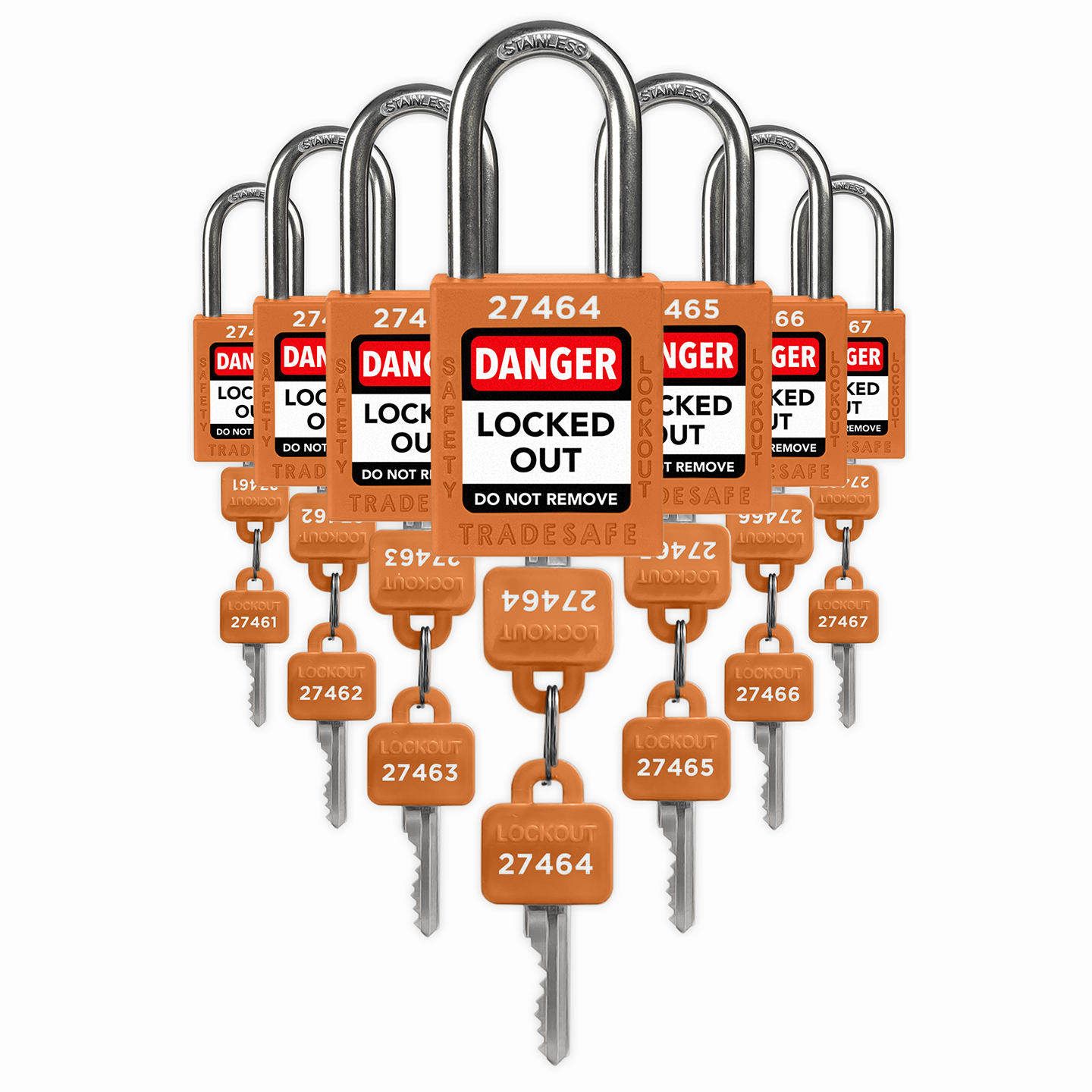 Set of lockout/tagout (LOTO) safety locks with keys