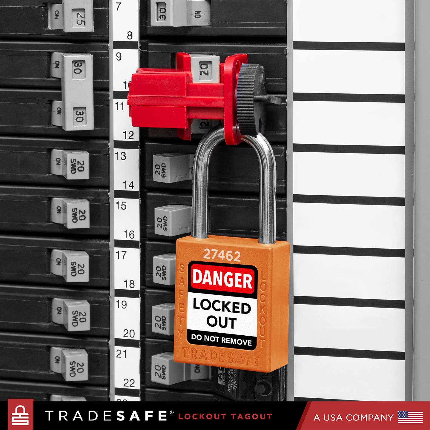 Orange lockout tagout device with a red shackle