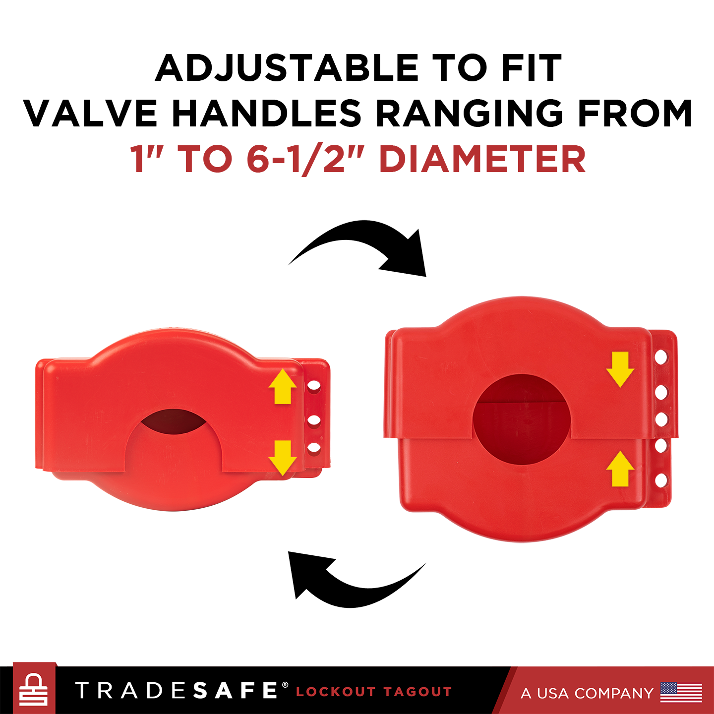 infographic: adjustable to fit valve handles ranging from 1" to 6-1/2" diameter