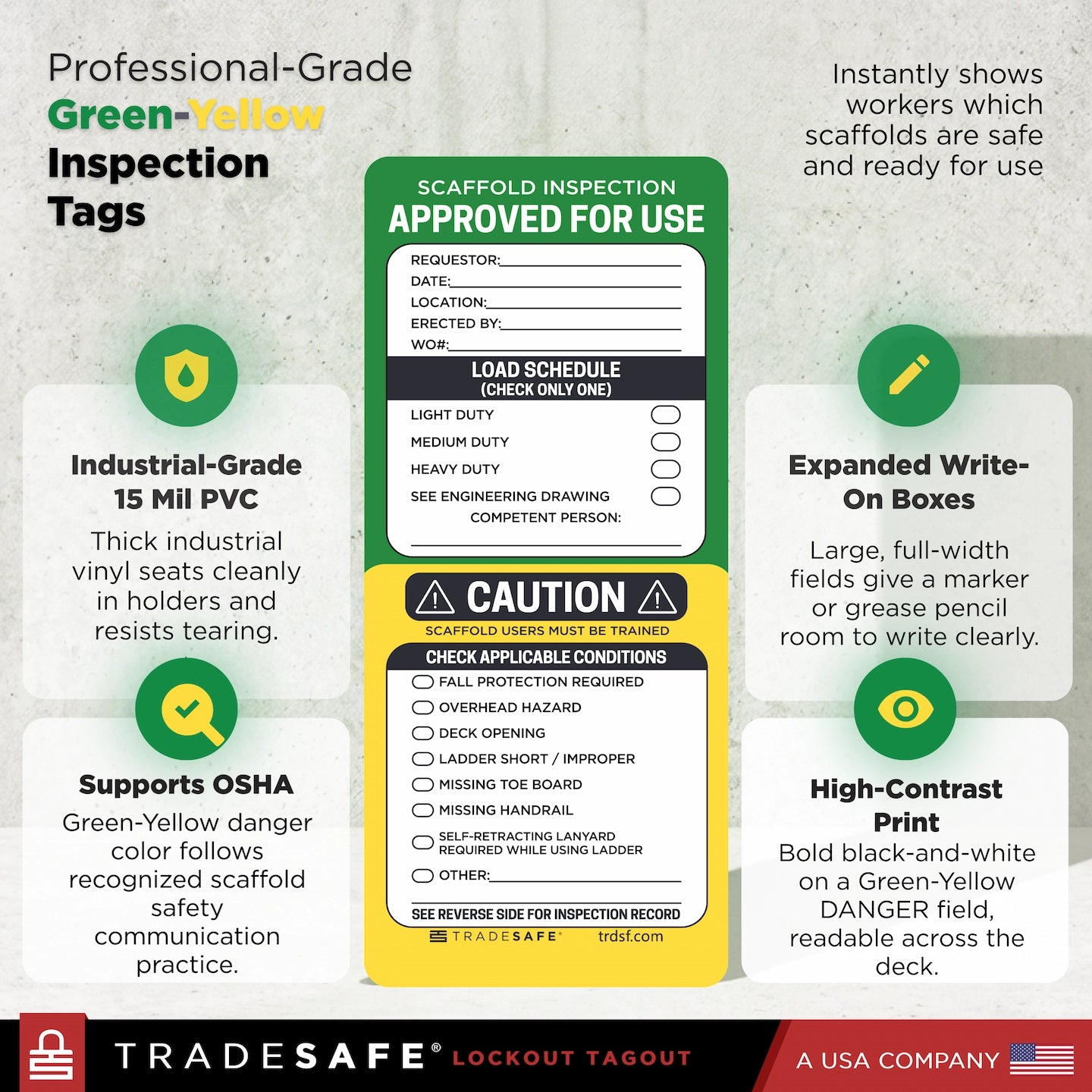 infographic for Tradesafe Green-Yellow Inspection Tags with feature callouts