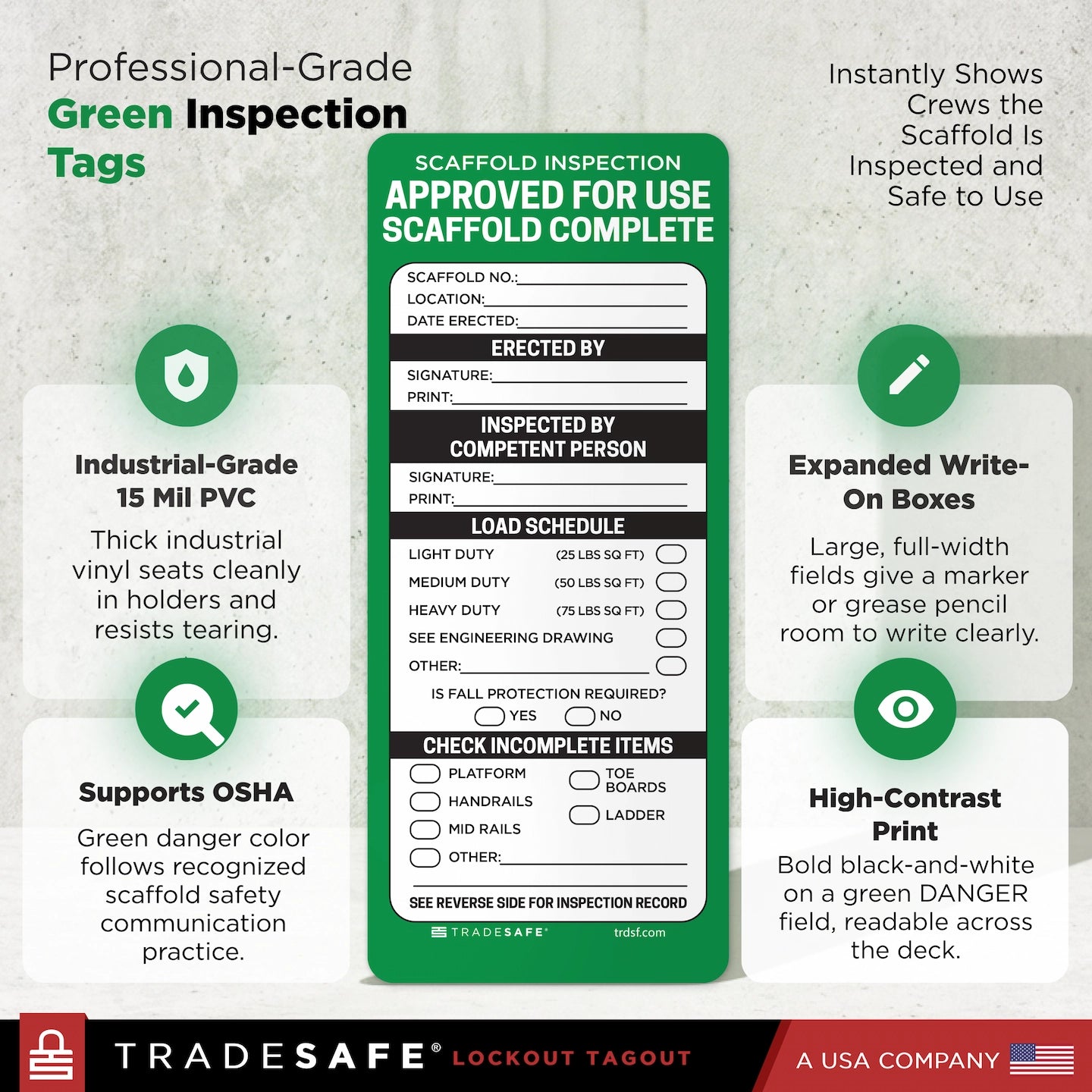 infographic for Tradesafe green scaffold Inspection Tags with feature callouts
