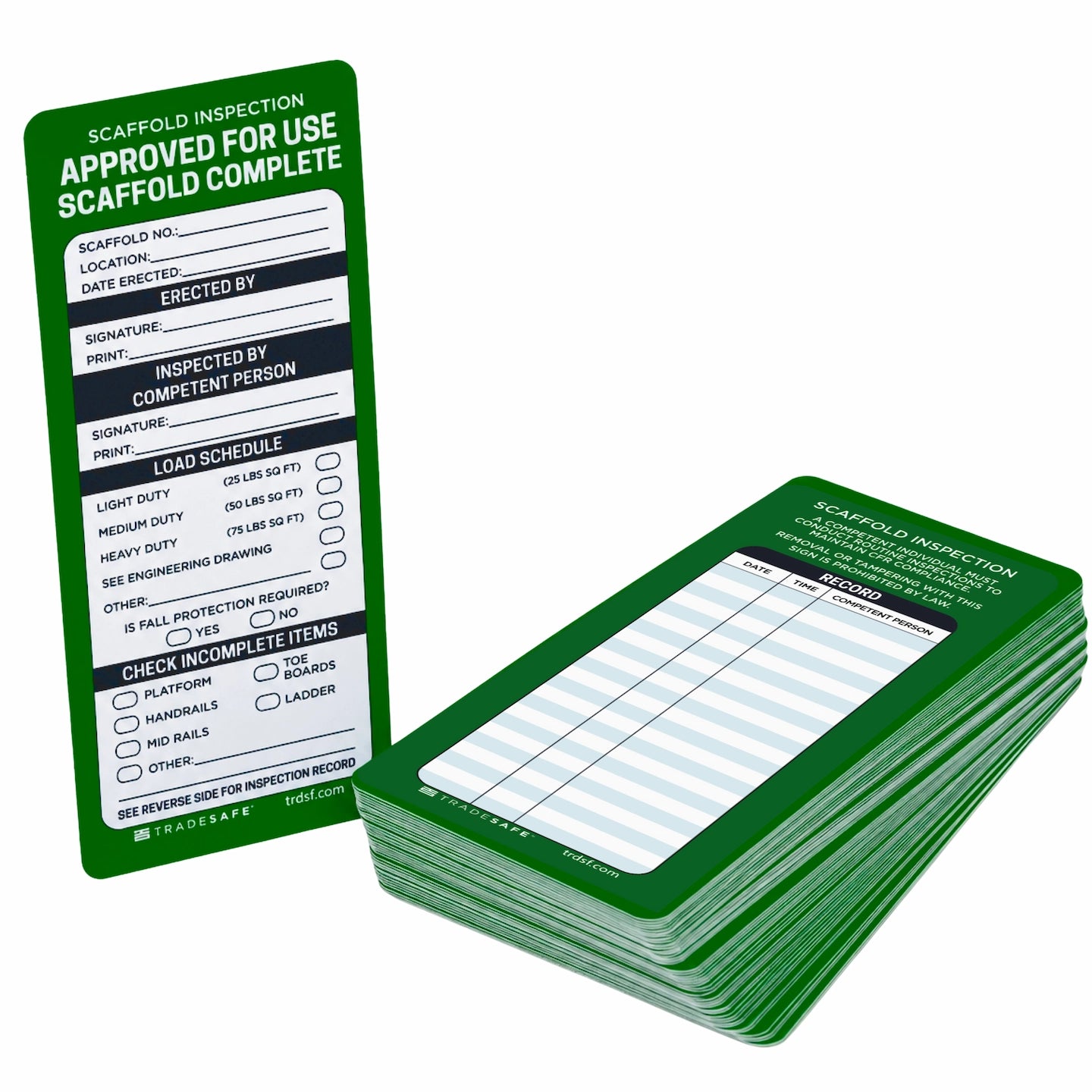 green approved for use scaffold inspection record cards 