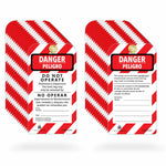 eye-level view of bilingual danger peligro tags in 30 pack showing its front and back tags