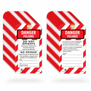 eye-level view of bilingual danger peligro tags in 30 pack showing its front and back tags