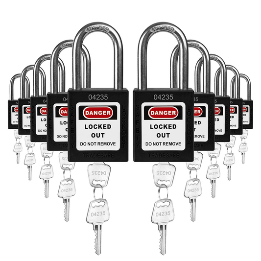 ten black loto padlocks, each with two keys and a uniform five-number code on both the lock body and the keys
