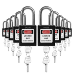 ten black loto padlocks, each with two keys and a uniform five-number code on both the lock body and the keys