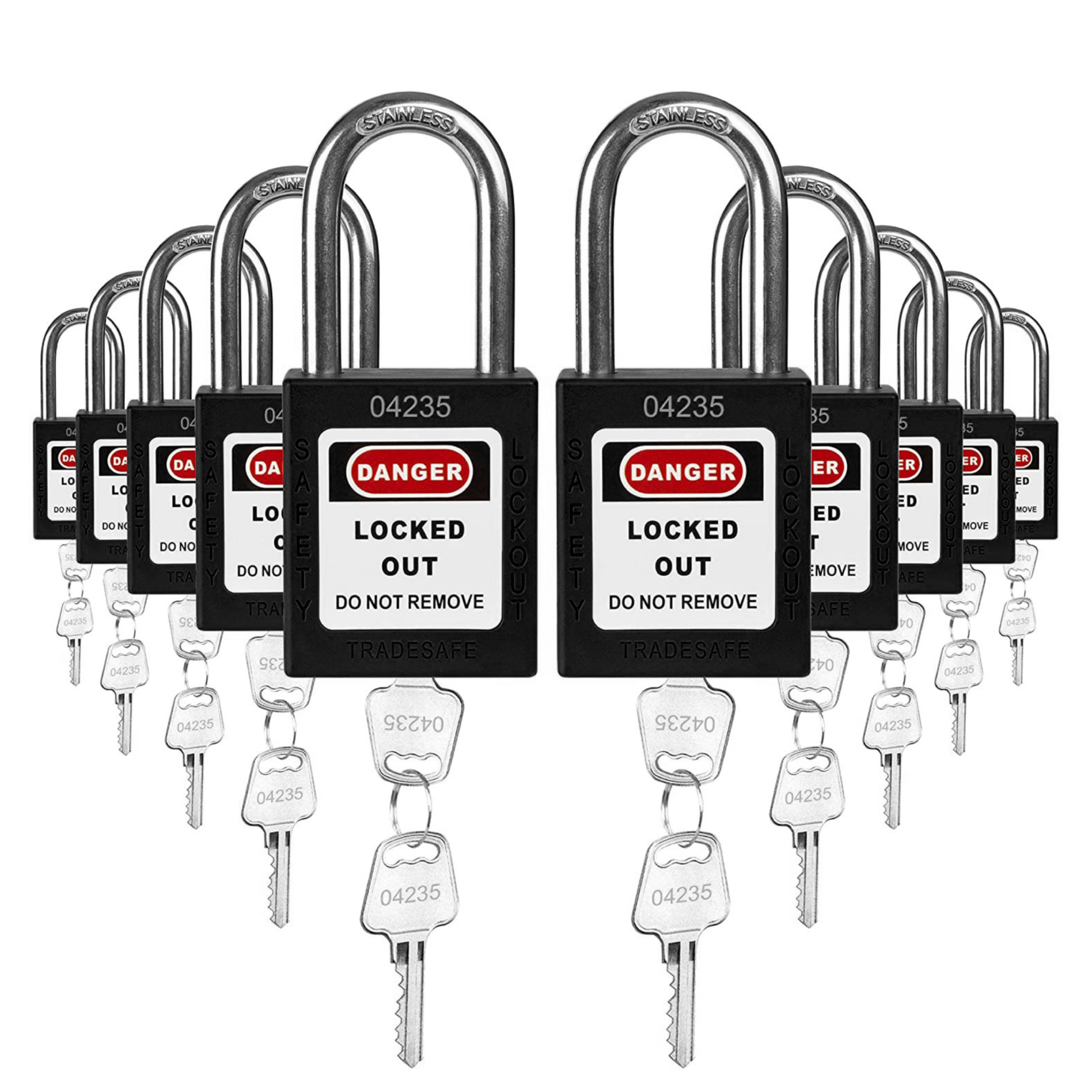 ten black loto padlocks, each with two keys and a uniform five-number code on both the lock body and the keys