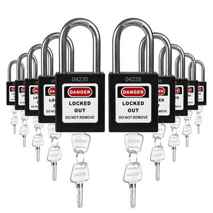 ten black loto padlocks, each with two keys and a uniform five-number code on both the lock body and the keys