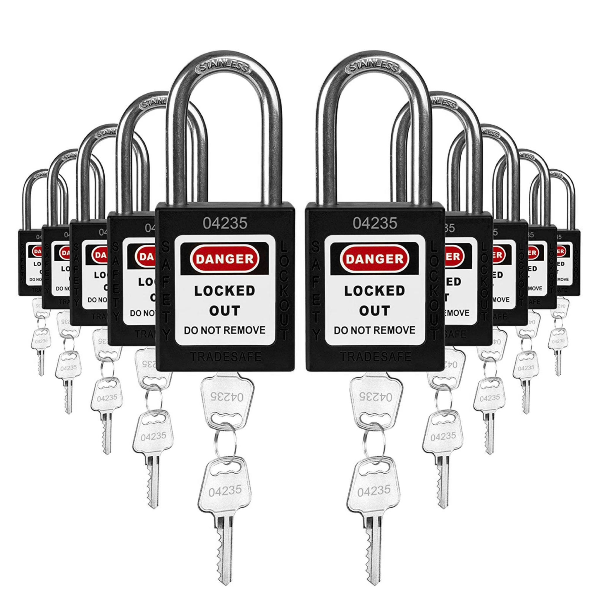 Keyed Alike Lockout Locks - 10 Black Padlocks - 2 Keys Per Lock