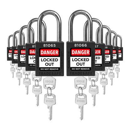 ten black loto padlocks: 2 keys each, unique five-digit code on keys and body