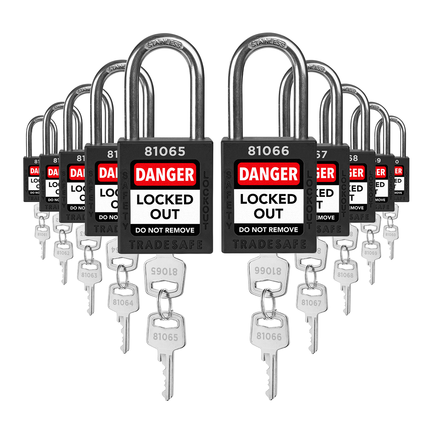 Keyed Different Lockout Locks - 10 Black Padlocks - 2 Keys Per Lock