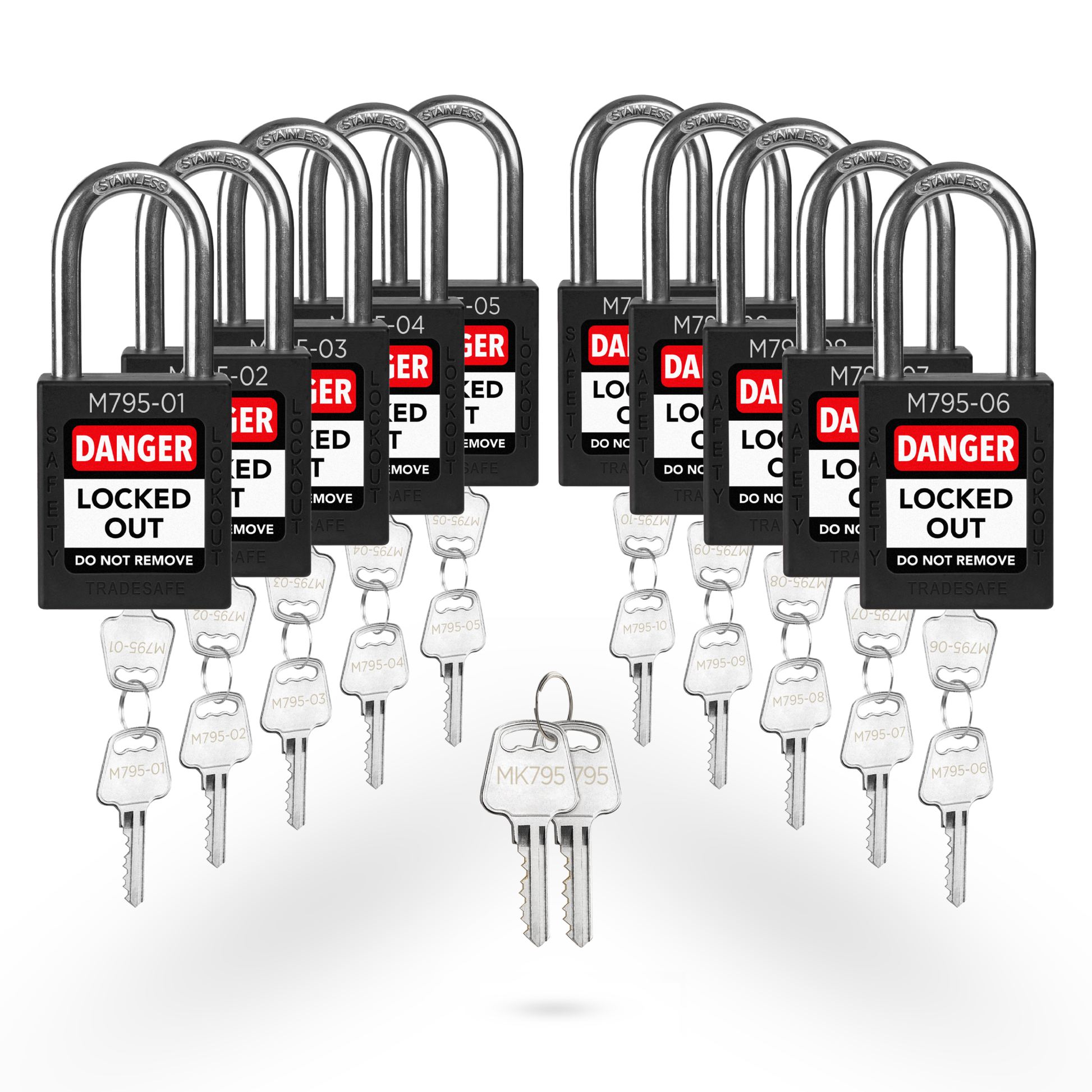 set of 10 black keyed different locks with master key