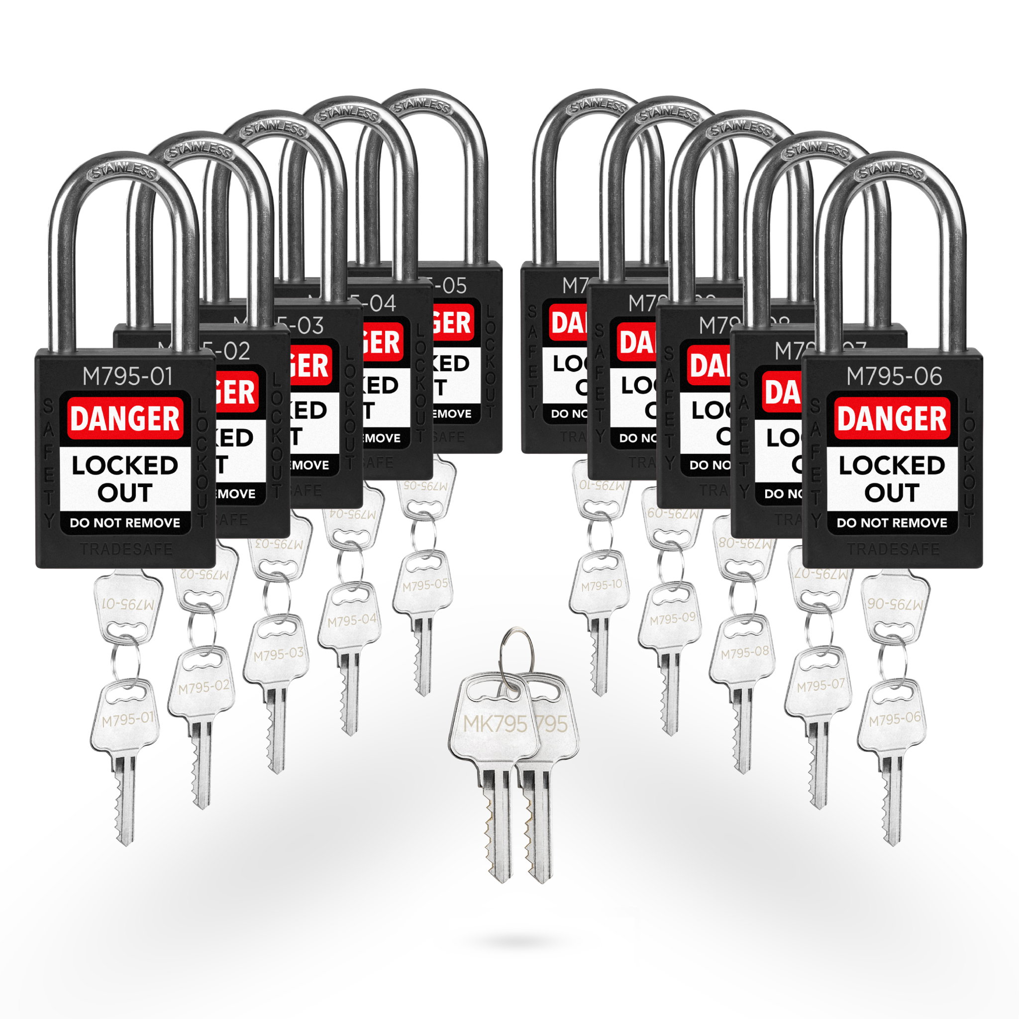 Keyed Different Lockout Locks with Master Keys - 10 Black Padlocks - 2 Keys Per Lock
