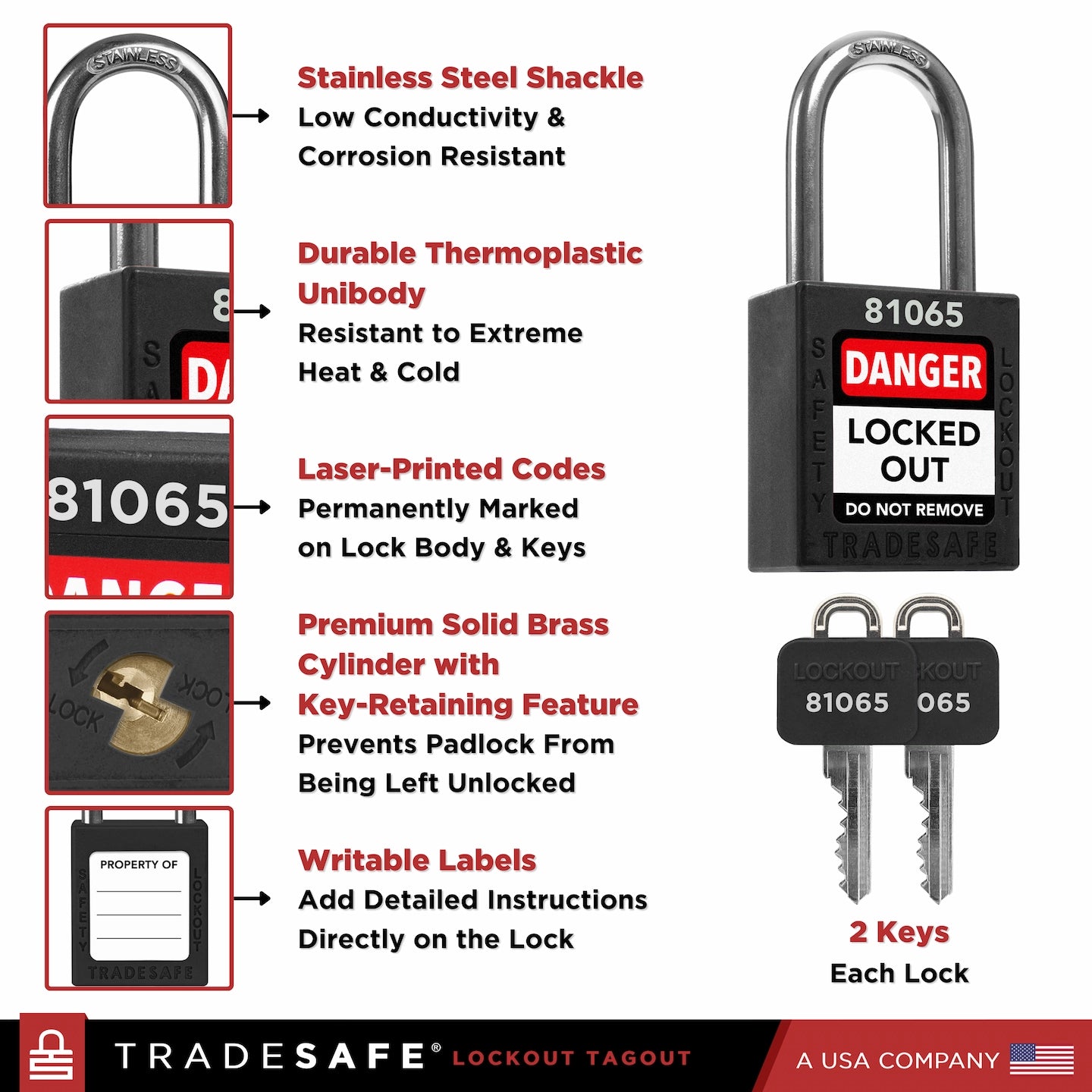 infographic of a black loto lock with 2 keys indicating materials used in each part