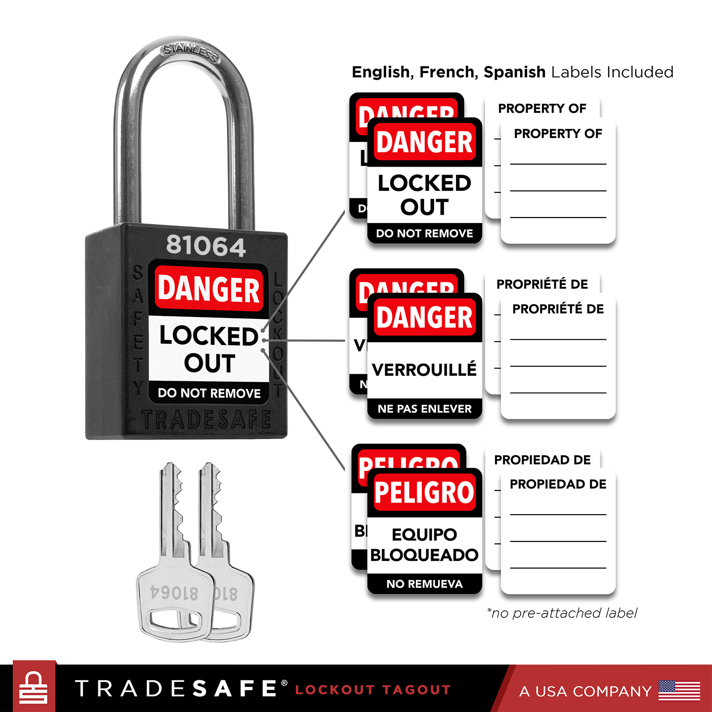 infographic: black loto lock with english, french, spanish labels included