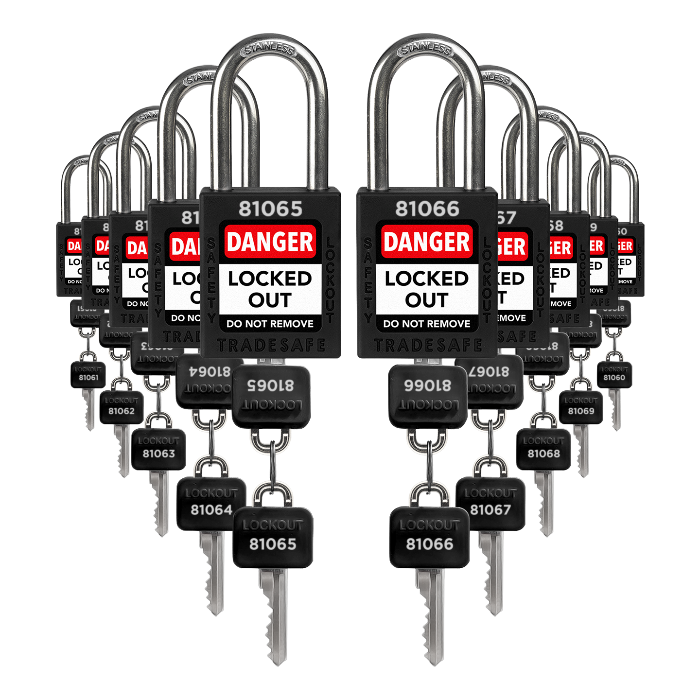 ten black loto padlocks: 2 keys each, unique five-digit code on keys and body