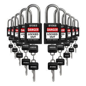 ten black loto padlocks: 2 keys each, unique five-digit code on keys and body