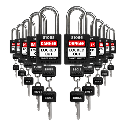 ten black loto padlocks: 2 keys each, unique five-digit code on keys and body