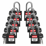 ten black loto padlocks: 2 keys each, unique five-digit code on keys and body