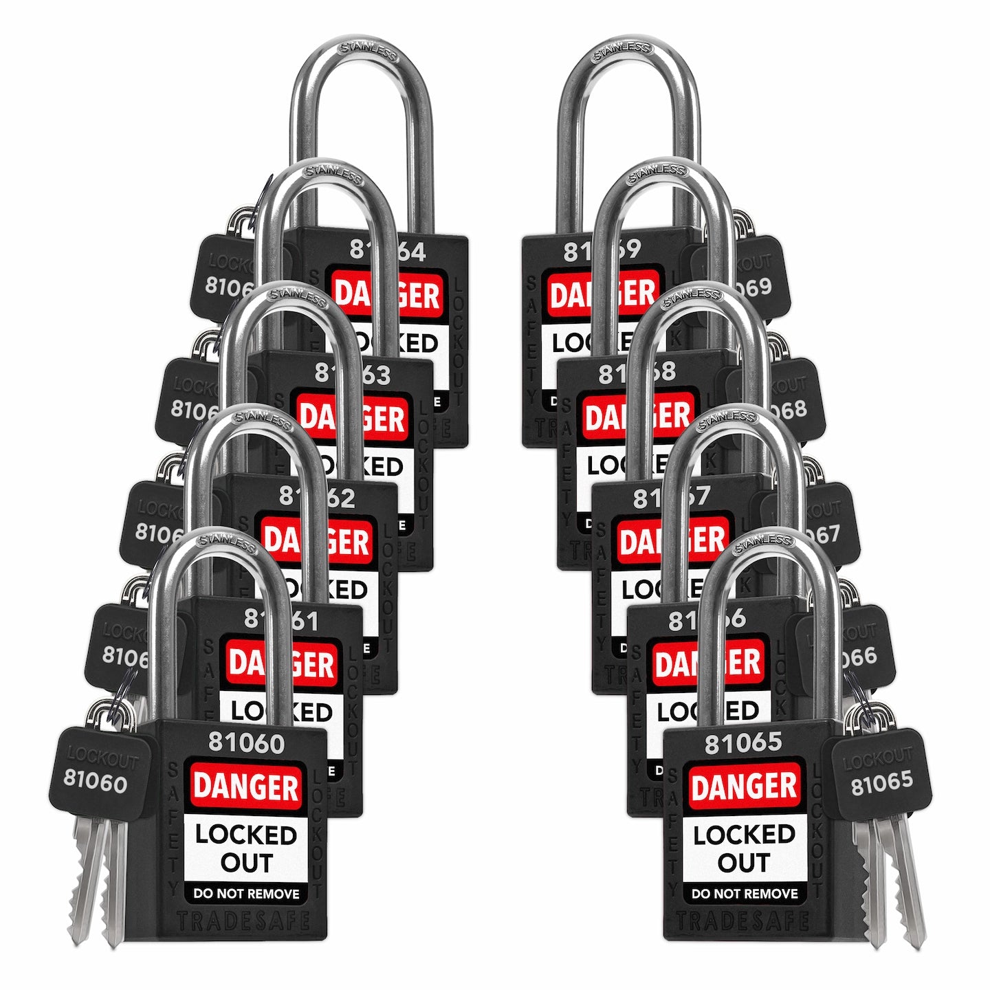 ten black loto padlocks: 2 keys each, unique five-digit code on keys and body