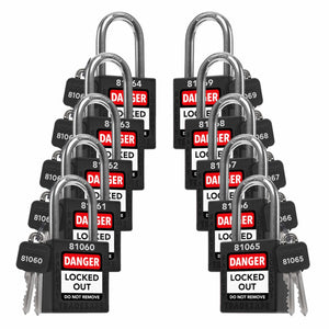 ten black loto padlocks: 2 keys each, unique five-digit code on keys and body