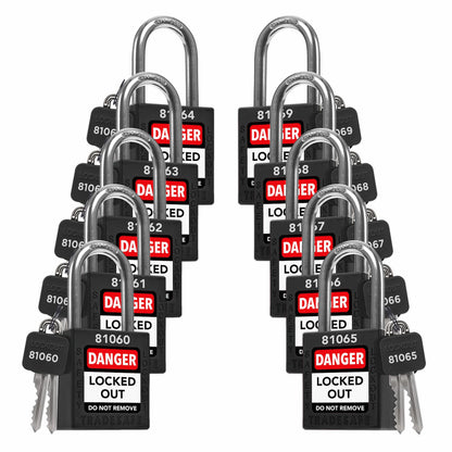 ten black loto padlocks: 2 keys each, unique five-digit code on keys and body