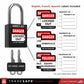 Lockout tagout black keyed different lock with master key and labels for English, French, and Spanish