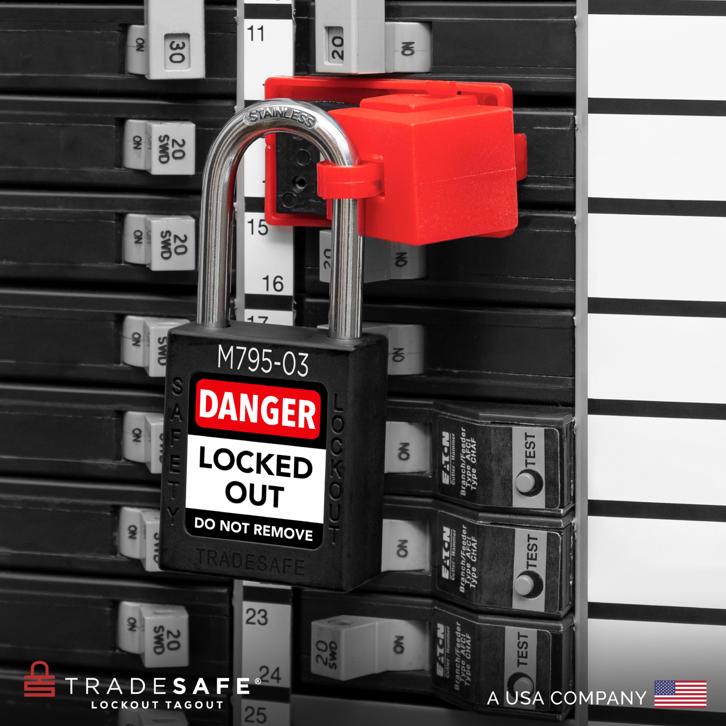 lifestyle shot of black padlock in use with clamp-on circuit breaker lock