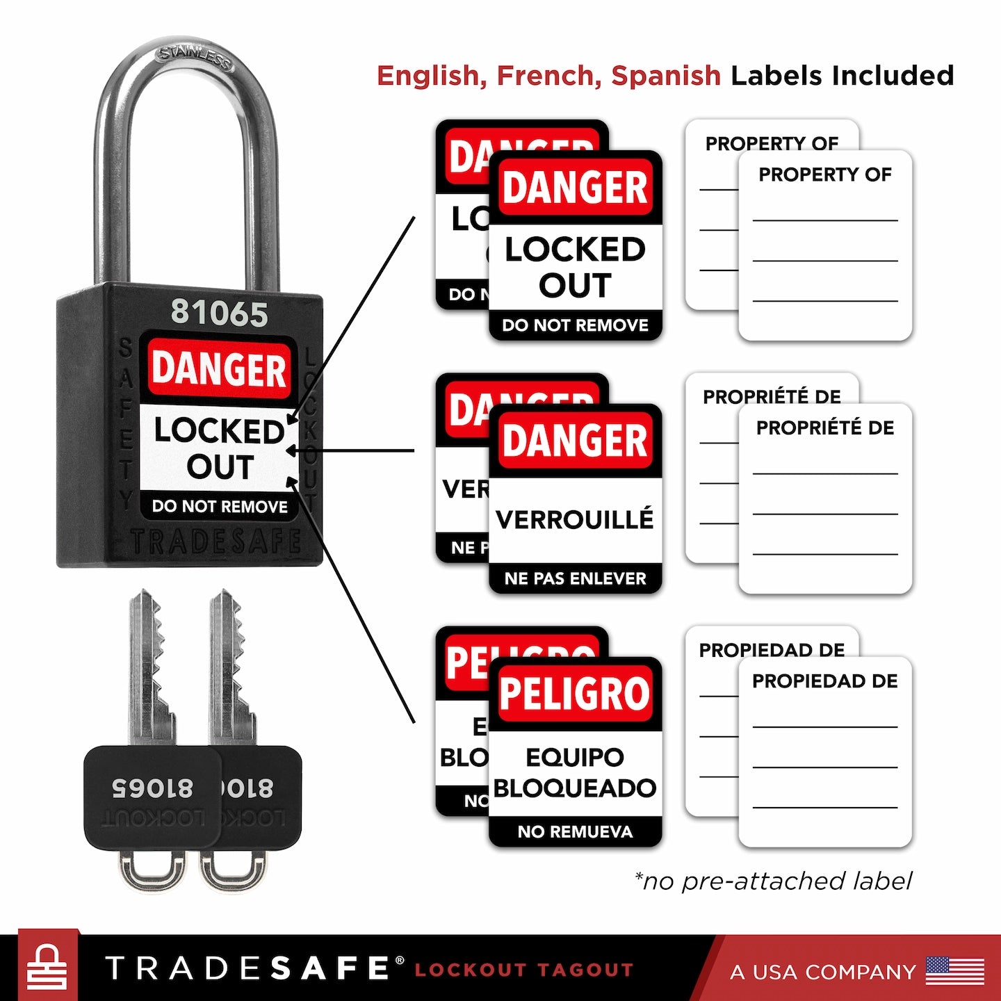 infographic: black loto lock with english, french, spanish labels included