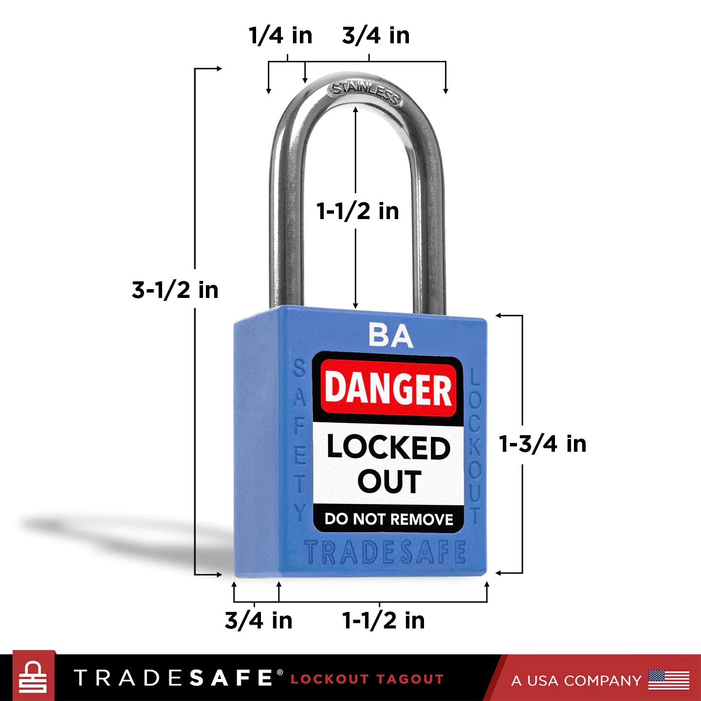 blue lockout tagout padlock with dimensions