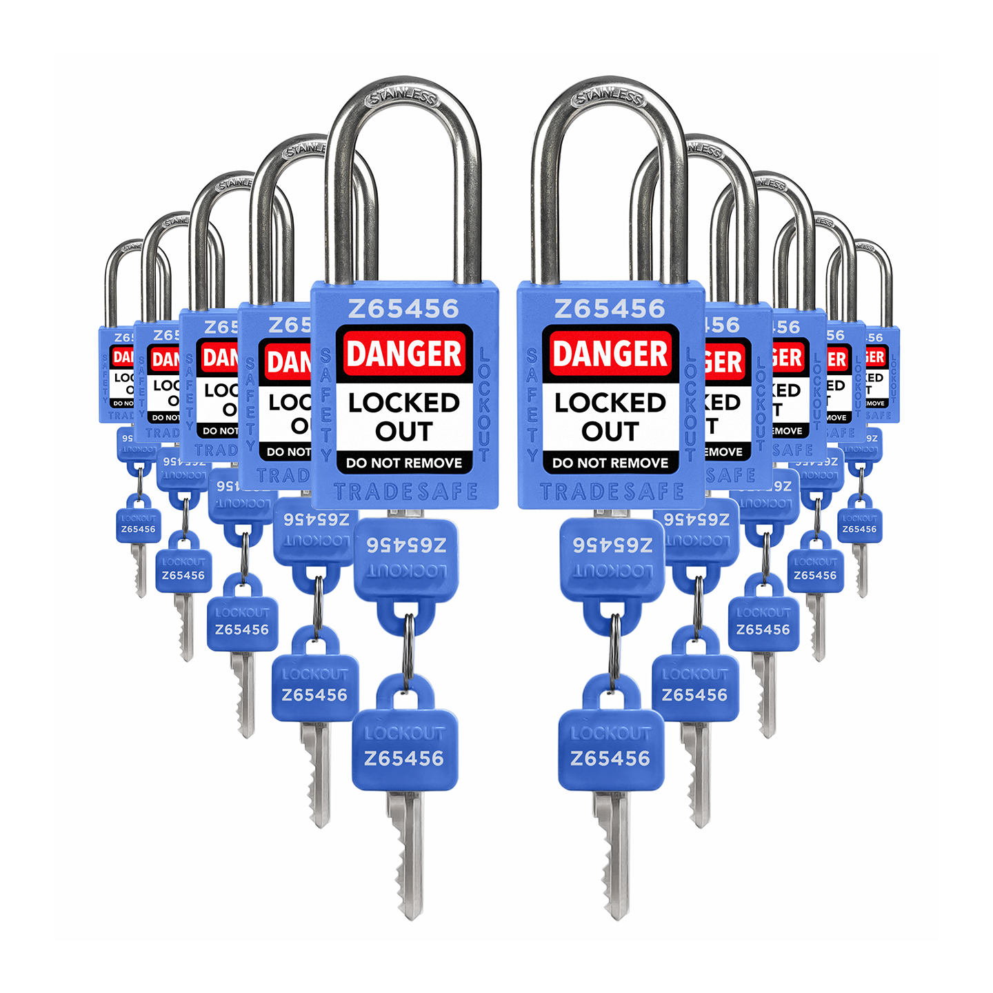 Keyed Alike Lockout Locks - 10 Blue Padlocks - 2 Keys Per Lock