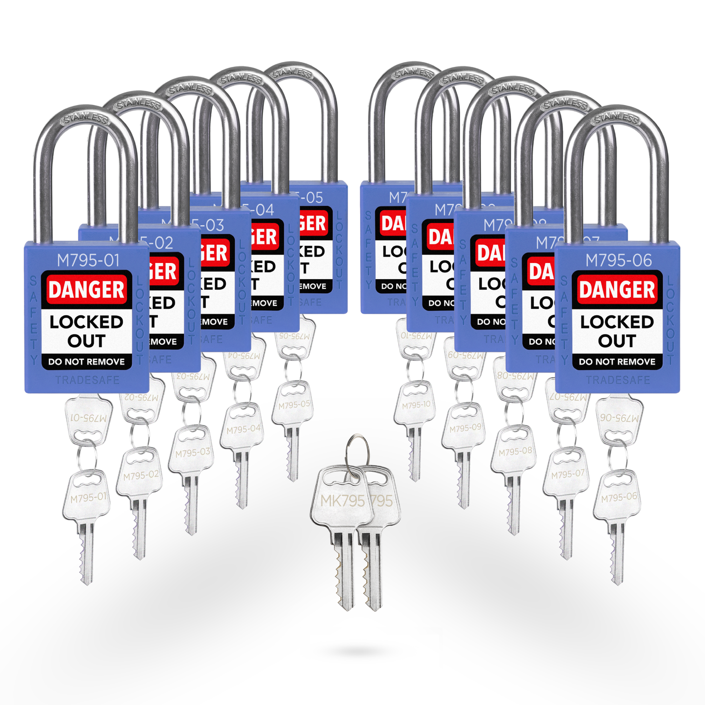 set of 10 blue keyed different locks with master key