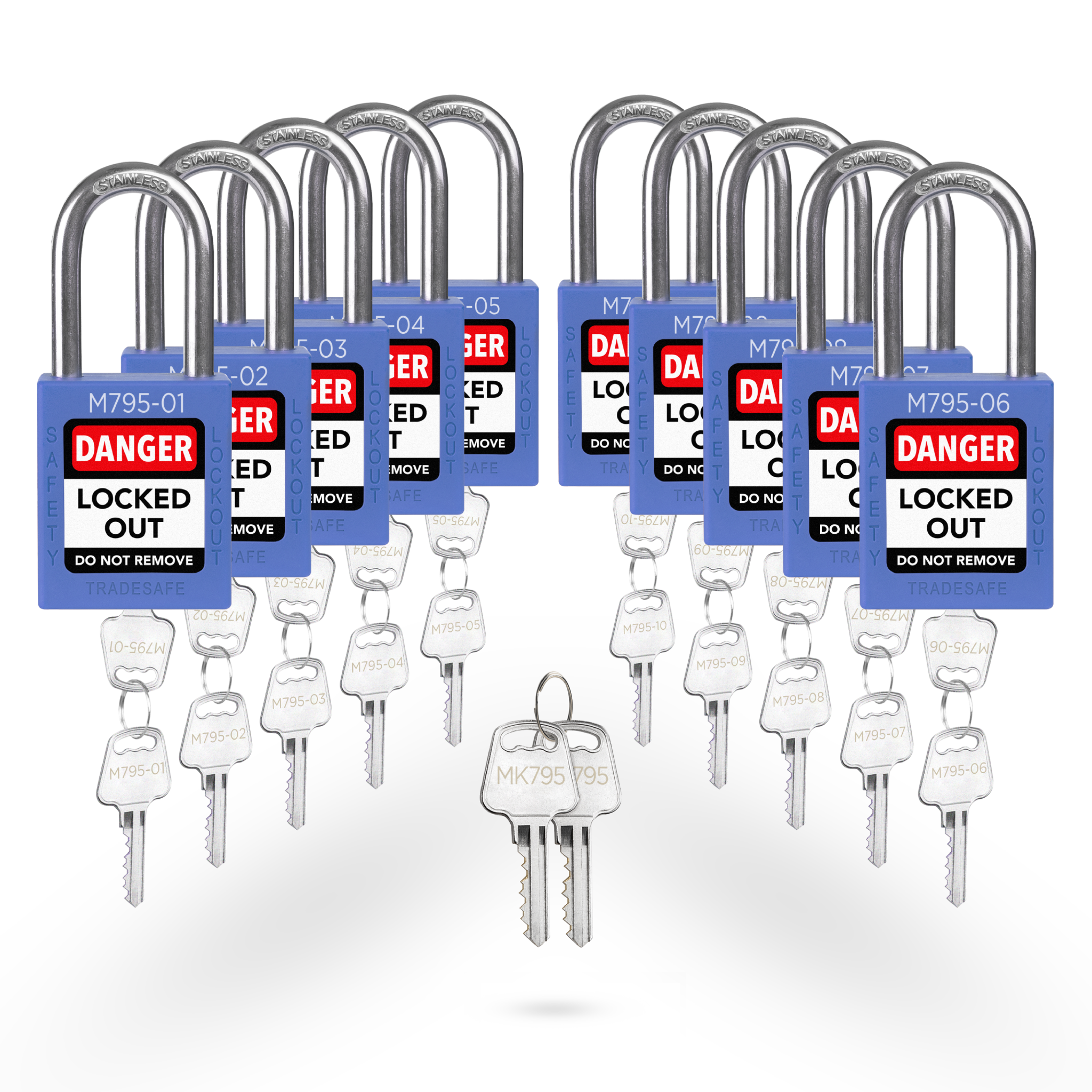 Keyed Different Lockout Locks with Master Keys - 10 Blue Padlocks - 2 Keys Per Lock