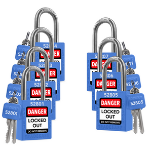 7 blue loto padlocks: 2 keys each, with codes on keys and body