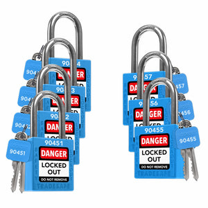 7 blue loto padlocks: 2 keys each, with codes on keys and body