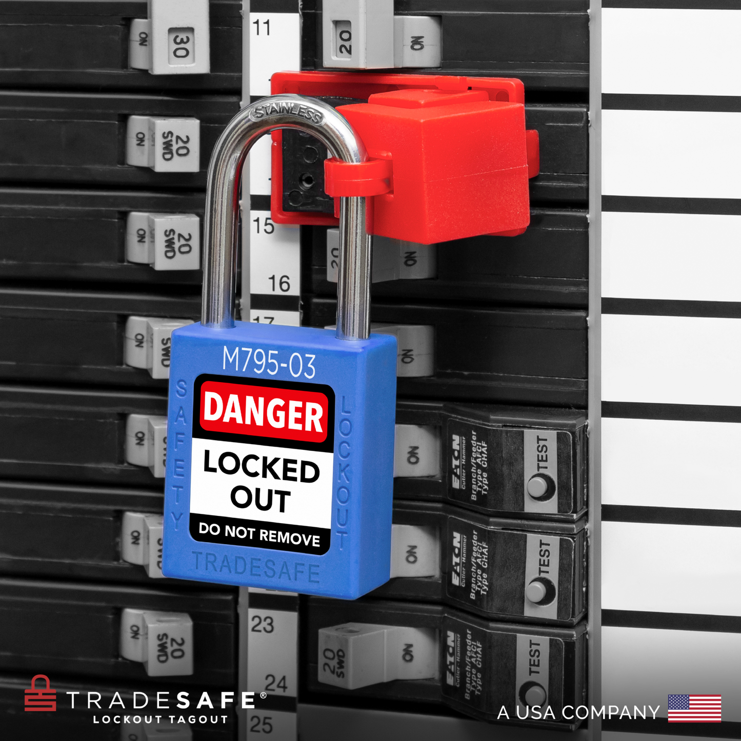 lifestyle shot of blue padlock in use with clamp-on circuit breaker lock