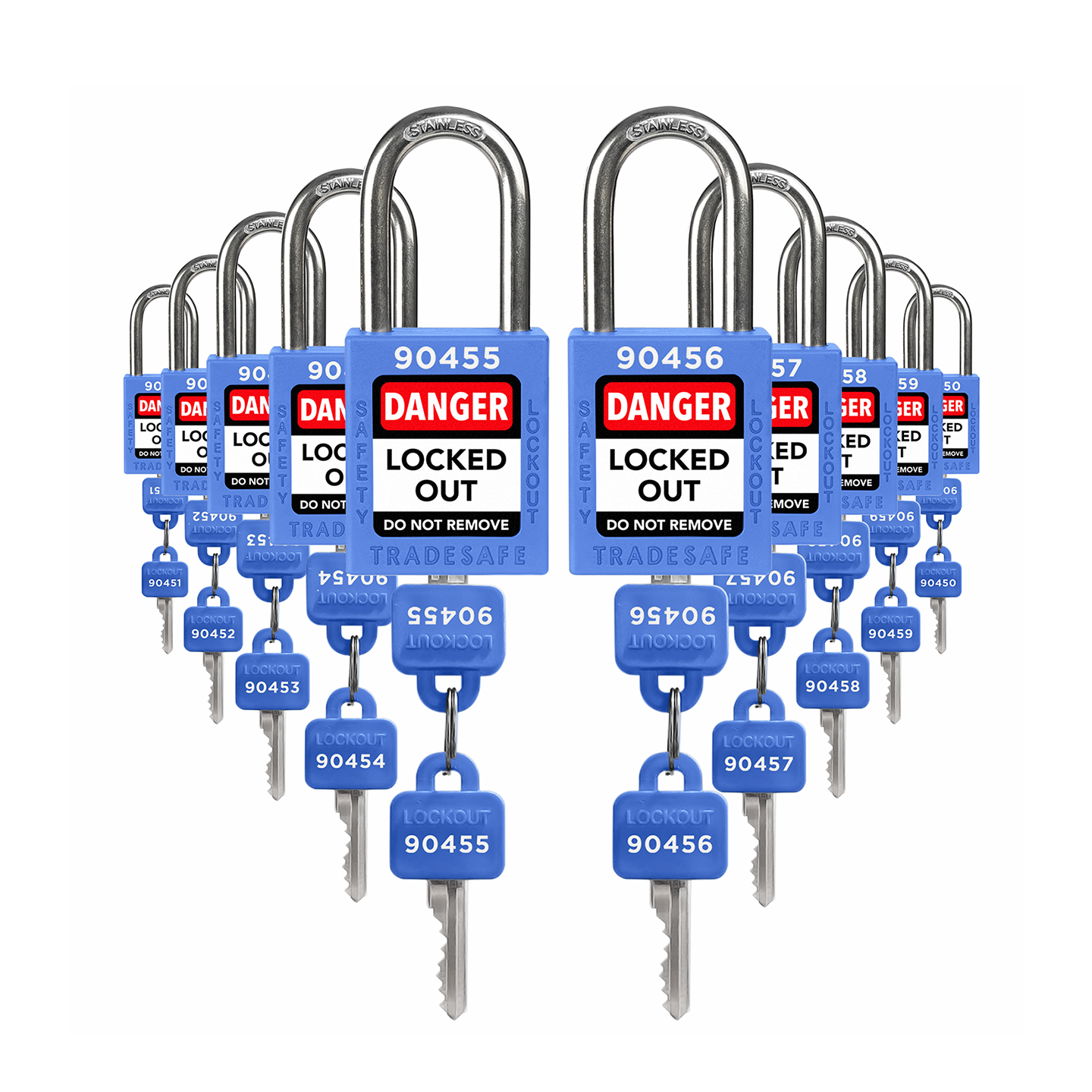 ten blue loto padlocks: 2 keys each, unique five-digit code on keys and body