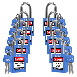 ten blue loto padlocks: 2 keys each, unique five-digit code on keys and body