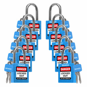 ten blue loto padlocks: 2 keys each, unique five-digit code on keys and body
