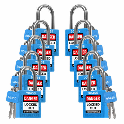 ten blue loto padlocks: 2 keys each, unique five-digit code on keys and body