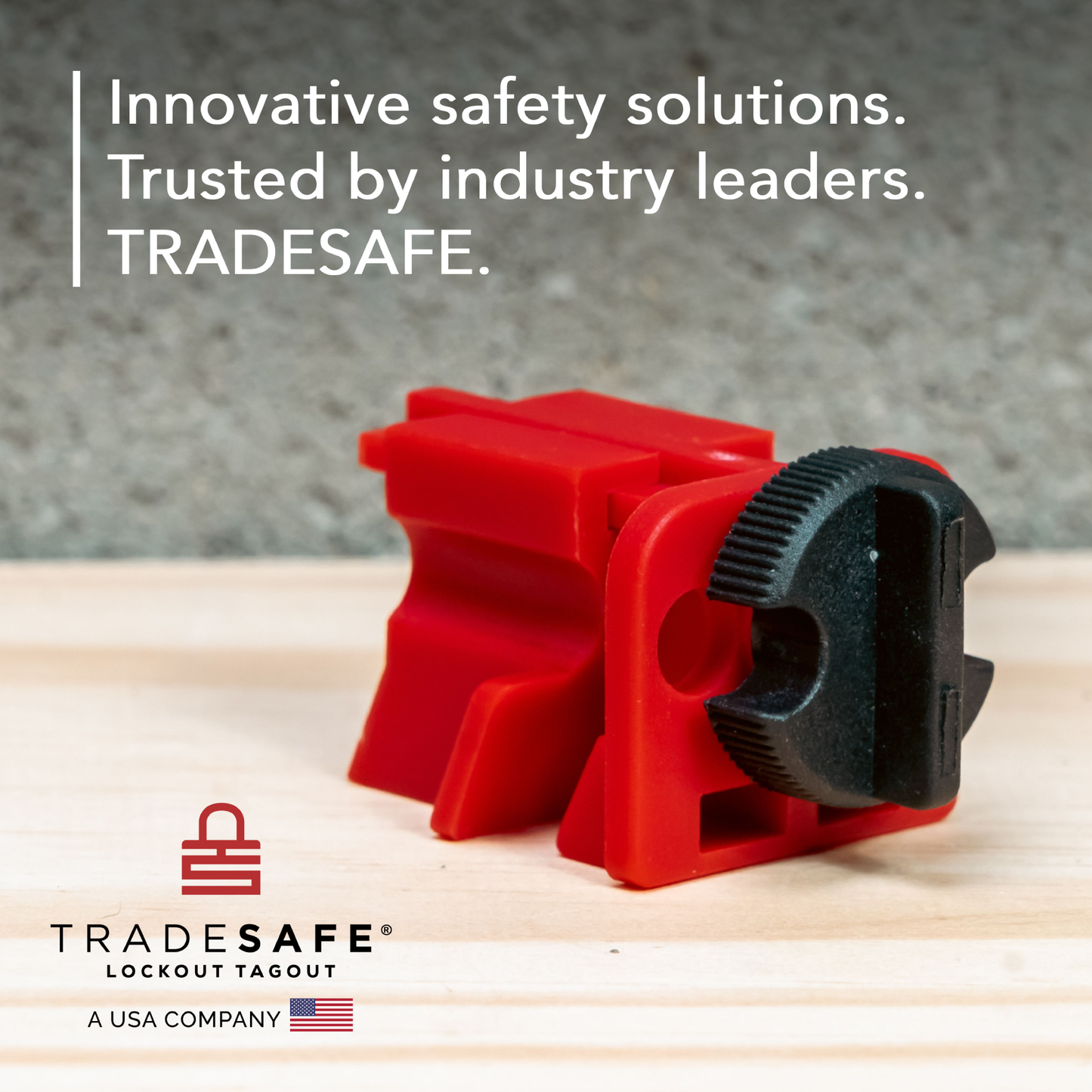 branding image of universal breaker lock with text innovative safety solutions trusted by industry leaders tradesafe