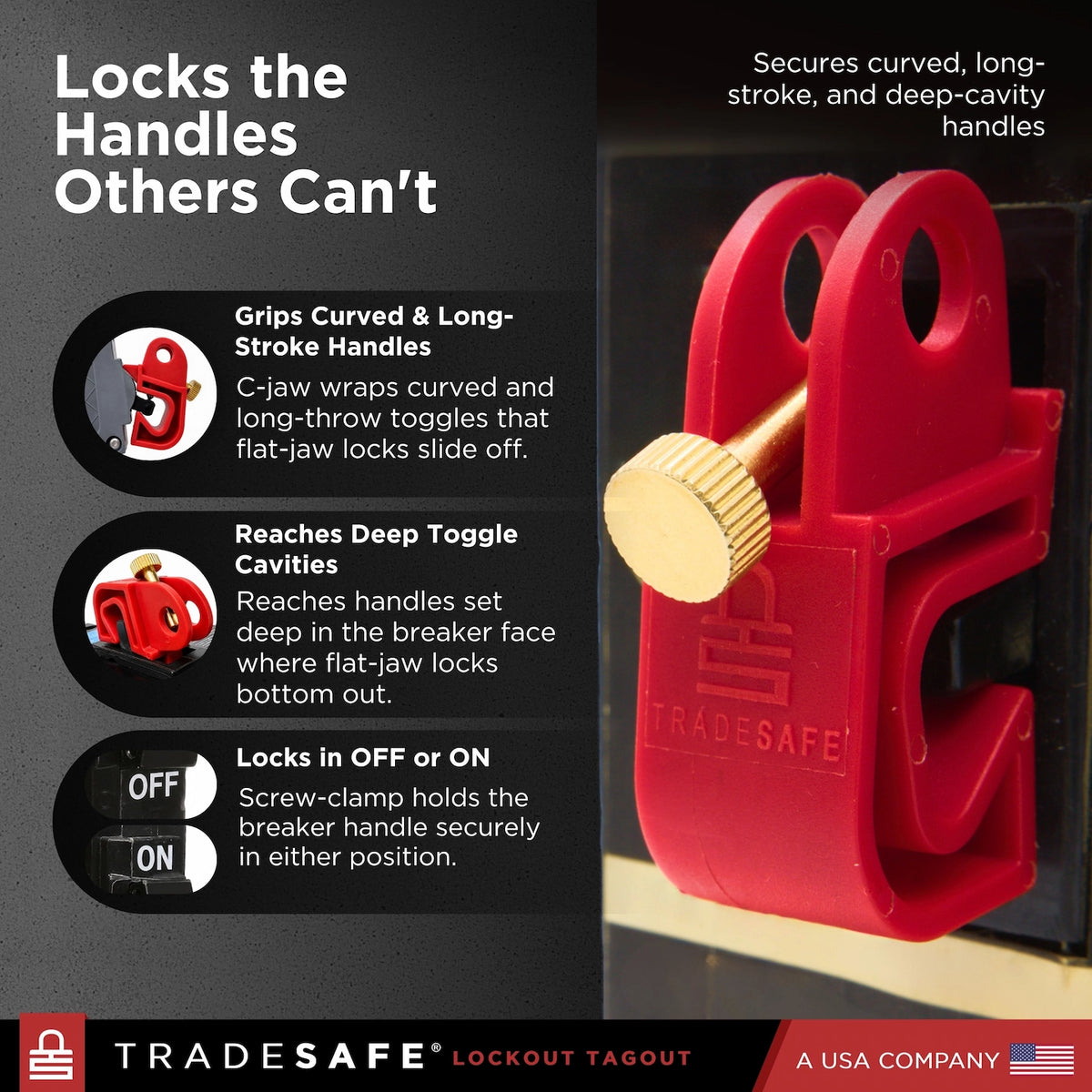 Red lockout tagout device on a circuit breaker with compatibility features listed