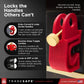Red lockout tagout device on a circuit breaker with compatibility features listed